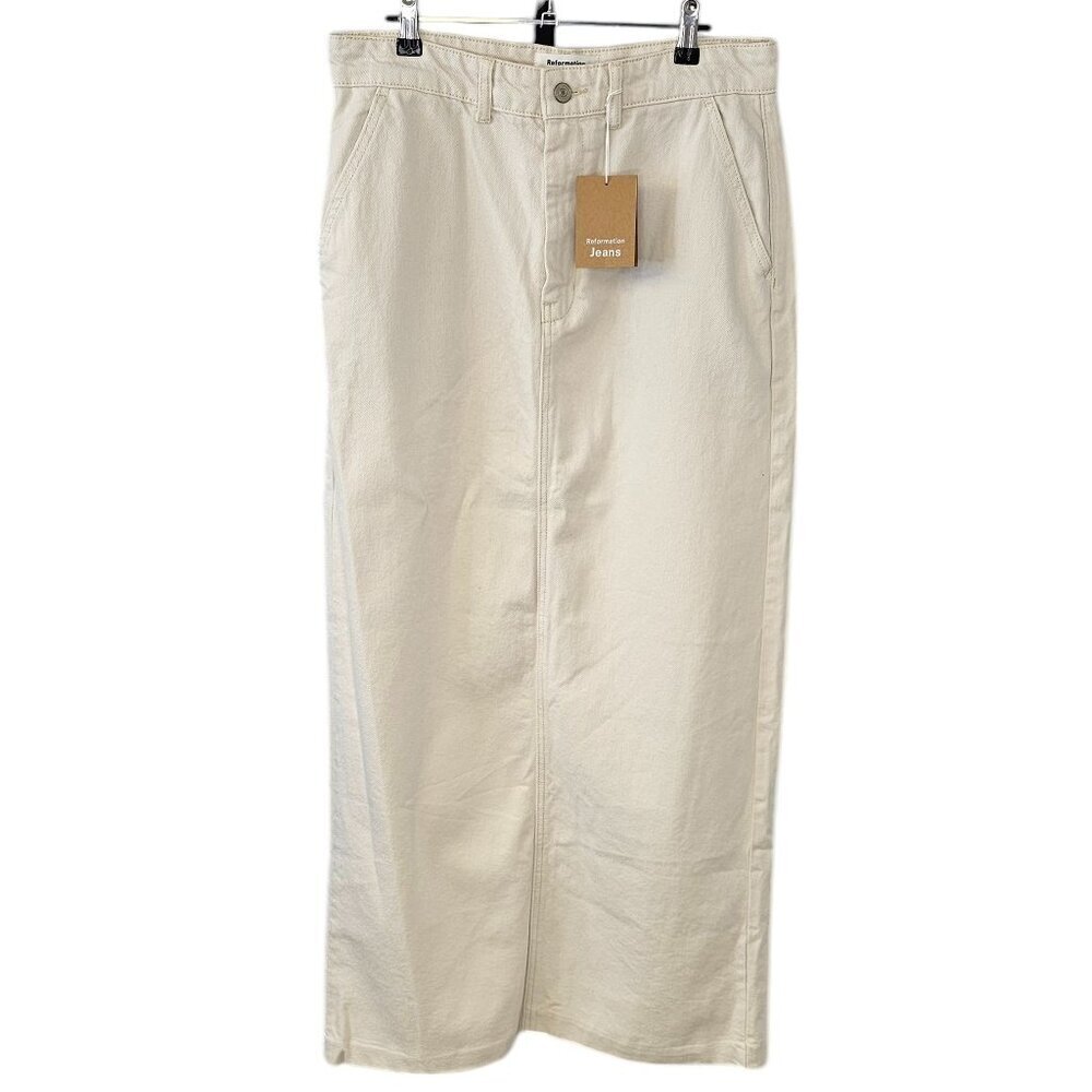 Reformation Myles Denim Slit Back Maxi Skirt, Cotton, Tencel, Cream, Size 30,NWT